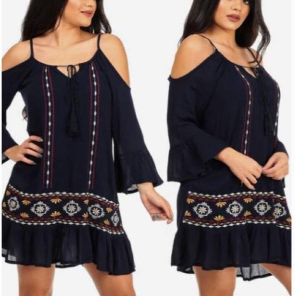 Exist Mini Tunic Dress Womens‎ S Black Boho Southwestern Festival Embroidered